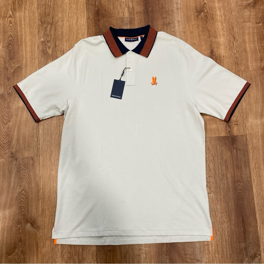 Psycho Bunny Men's Cream Polo with Orange Logo Montebello Pique Polo 100% Cotton - Picture 2 of 11